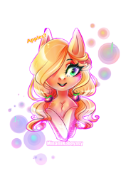 Size: 2893x4092 | Tagged: safe, artist:minamikoboyasy, character:applejack, species:earth pony, species:pony, alternate hairstyle, bust, chest fluff, female, hair over one eye, looking at you, mare, portrait, simple background, solo, transparent background