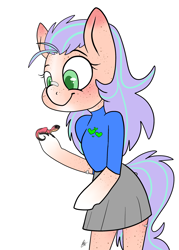 Size: 2000x2800 | Tagged: safe, artist:katyusha, oc, oc:maybree, species:anthro, species:earth pony, species:pony, bandaids, blushing, clothing, cute, female, filly, freckles, green eyes, lizard, long hair, miniskirt, pleated skirt, purple hair, skirt, smiling, tomboy, white hooves