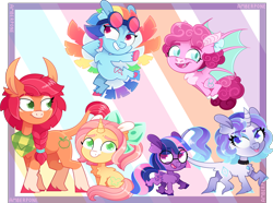 Size: 3150x2346 | Tagged: safe, artist:amberpone, character:applejack, character:fluttershy, character:pinkie pie, character:rainbow dash, character:rarity, character:twilight sparkle, species:bat pony, species:earth pony, species:mule, species:pegasus, species:pony, species:unicorn, g5 leak, leak, abstract background, alternate design, applejack (g5), chest fluff, colored wings, colorful, cute, digital art, eye clipping through hair, fluttershy (g5), flying, group, hybrid, looking at you, mane six, mane six (g5 leak), multicolored hair, multicolored wings, paint tool sai, pinkie pie (g5), rainbow dash (g5), rainbow wings, rarity (g5), redesign, simple background, spoiler, transparent background, twilight sparkle (g5), unshorn fetlocks, wings
