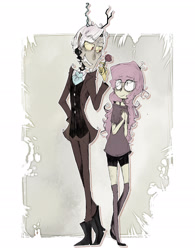 Size: 2048x2627 | Tagged: safe, artist:urbanqhoul, character:discord, character:fluttershy, species:human, duo, female, flower, humanized, male, rose, tim burton, tim burton style