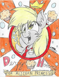 Size: 718x945 | Tagged: safe, artist:petanoprime, character:derpy hooves, species:pegasus, species:pony, blush sticker, blushing, bust, crown, female, food, jewelry, mare, muffin, necktie, open mouth, regalia, signature, smiling, solo, sunburst background, text, traditional art
