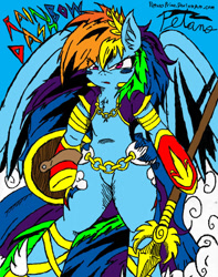 Size: 756x960 | Tagged: safe, artist:petanoprime, character:rainbow dash, species:pegasus, species:pony, blush sticker, blushing, both cutie marks, colored, female, hoof hold, mare, scowl, shield, signature, spear, spread wings, text, weapon, wings