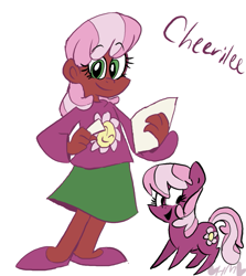 Size: 713x800 | Tagged: safe, artist:mirabuncupcakes15, character:cheerilee, species:earth pony, species:human, species:pony, cheeribetes, clothing, cute, dark skin, female, flats, human ponidox, humanized, mare, open mouth, paper, ponidox, self paradox, self ponidox, shirt, shoes, simple background, skirt, solo, white background