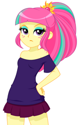 Size: 846x1350 | Tagged: safe, artist:rosemile mulberry, character:sour sweet, my little pony:equestria girls, bare shoulders, body freckles, breasts, clothing, cute, female, freckles, hand on hip, lidded eyes, miniskirt, pleated skirt, ponytail, shoulder freckles, simple background, skirt, solo, white background