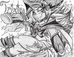 Size: 708x543 | Tagged: safe, artist:petanoprime, character:trixie, species:pony, species:unicorn, blush sticker, blushing, clothing, cosplay, costume, crossover, dark magician girl, female, grayscale, grin, mare, monochrome, semi-anthro, signature, smiling, text, traditional art, yu-gi-oh!
