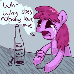 Size: 602x603 | Tagged: safe, artist:archego-art, character:berry punch, character:berryshine, species:earth pony, species:pony, /mlp/, 4chan, alcohol, corkscrew, crying, dialogue, drawthread, drunk, female, red wine, solo, speech bubble, text, vulgar, wine