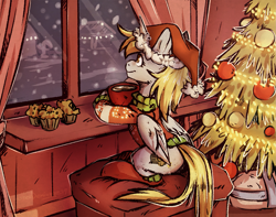 Size: 1627x1280 | Tagged: safe, artist:lonerdemiurge_nail, character:derpy hooves, species:alicorn, species:pony, alicornified, alternate cutie mark, christmas, christmas sweater, christmas tree, clothing, commission, derpicorn, female, food, hat, holiday, looking out the window, muffin, night, race swap, santa hat, sitting, smiling, socks, solo, sweater, tree, window