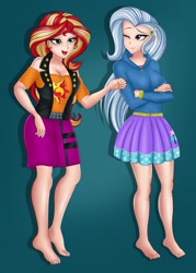 Size: 735x1024 | Tagged: safe, alternate version, artist:anonix123, edit, editor:thomasfan45, character:sunset shimmer, character:trixie, species:human, equestria girls:forgotten friendship, g4, my little pony: equestria girls, my little pony:equestria girls, barefoot, barrette, breasts, cleavage, clothing, cute, cutie mark on clothes, digital art, duo, feet, female, human coloration, jacket, legs, shirt, skirt, smiling