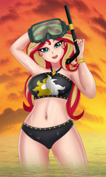 Size: 1276x2127 | Tagged: safe, artist:anonix123, character:sunset shimmer, species:human, my little pony:equestria girls, belly button, bikini, clothing, diving goggles, female, human coloration, humanized, looking at you, mask, sexy, snorkel, solo, stupid sexy sunset shimmer, swimsuit