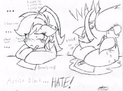 Size: 2048x1516 | Tagged: safe, artist:petanoprime, oc, oc only, oc:electric sketch, species:pony, ..., art block, crying, drawing, female, freckles, hoof hold, lineart, mare, monochrome, pencil, signature, speech, traditional art
