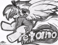 Size: 1952x1500 | Tagged: safe, artist:petanoprime, oc, oc only, oc:electric sketch, species:pegasus, species:pony, bedroom eyes, clothing, female, freckles, grayscale, grin, hairpin, hoodie, mare, monochrome, pegasus oc, pencil, pencil behind ear, signature, sitting, smiling, solo, text, traditional art, underhoof, wings