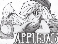 Size: 692x530 | Tagged: safe, artist:petanoprime, character:applejack, species:earth pony, species:pony, apple, basket, beer stein, clothing, eye clipping through hair, female, food, freckles, grayscale, hat, hoof hold, mare, monochrome, neckerchief, signature, smiling, solo, text, traditional art
