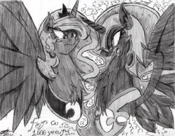 Size: 1978x1532 | Tagged: safe, artist:petanoprime, character:nightmare moon, character:princess luna, species:alicorn, species:pony, blush sticker, blushing, bust, chest fluff, duality, duo, ethereal mane, fangs, female, frown, galaxy mane, grayscale, helmet, jewelry, mare, monochrome, open mouth, peytral, signature, text, tiara, traditional art