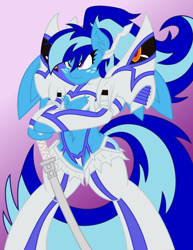 Size: 1024x1328 | Tagged: safe, artist:petanoprime, artist:vinylbecks, edit, oc, oc only, oc:electric sketch, species:anthro, species:pegasus, species:pony, species:unguligrade anthro, armor, clothing, color edit, colored, cosplay, costume, crossover, female, freckles, frown, gradient background, kill la kill, pegasus oc, signature, solo, sword, text, weapon, wings