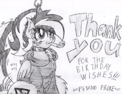 Size: 1936x1504 | Tagged: safe, artist:petanoprime, oc, oc only, oc:electric sketch, species:pegasus, species:pony, clothing, collar, female, freckles, grayscale, happy birthday, hat, hoodie, mare, monochrome, onomatopoeia, party hat, party horn, pegasus oc, signature, solo, tail wag, text, traditional art, wings