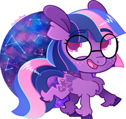 Size: 782x742 | Tagged: safe, alternate version, artist:amberpone, character:twilight sparkle, species:earth pony, species:pony, g5 leak, alternate design, chest fluff, constellation, cute, digital art, eyebrows, female, filly, fluffy, freckles, glasses, happy, looking at you, mare, paint tool sai, pink eyes, purple, redesign, simple background, solo, space, stars, transparent background, twilight sparkle (g5), unshorn fetlocks