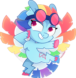 Size: 1112x1146 | Tagged: safe, alternate version, artist:amberpone, character:rainbow dash, species:pegasus, species:pony, g5 leak, alternate design, bird tail, chest fluff, colored wings, colorful, cute, digital art, eyebrows, female, flying, goggles, looking at you, mare, multicolored hair, multicolored wings, paint tool sai, pink eyes, rainbow, rainbow dash (g5), rainbow wings, redesign, short hair, simple background, smiling, solo, transparent background, unshorn fetlocks, wings