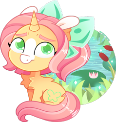 Size: 1004x1054 | Tagged: safe, alternate version, artist:amberpone, character:fluttershy, species:pony, species:unicorn, g5 leak, alternate design, chest fluff, cute, digital art, female, fluffy, fluttershy (g5), green eyes, horn, looking at you, mare, paint tool sai, pond, ponytail, redesign, simple background, sitting, smiling, solo, transparent background