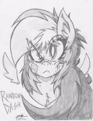 Size: 2550x3300 | Tagged: safe, artist:petanoprime, character:rainbow dash, species:pegasus, species:pony, bandage, bust, chest fluff, eye clipping through hair, female, floating wings, frown, grayscale, injured, mare, monochrome, signature, solo, text, traditional art, wings