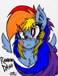 Size: 786x1017 | Tagged: safe, alternate version, artist:petanoprime, character:rainbow dash, species:pegasus, species:pony, bandage, bust, chest fluff, colored, eye clipping through hair, female, floating wings, frown, injured, mare, signature, solo, text, wings