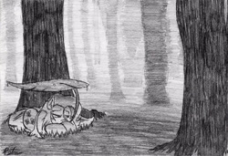 Size: 640x438 | Tagged: safe, artist:petanoprime, character:fluttershy, species:pegasus, species:pony, female, forest, grayscale, leaf umbrella, lily pad, mare, monochrome, outdoors, prone, rain, signature, solo, stray strand, traditional art, tree