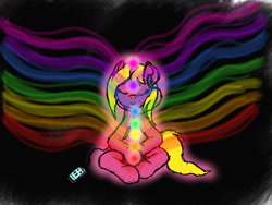Size: 1280x960 | Tagged: safe, artist:bryastar, oc, oc:bright star, species:pony, species:unicorn, aura, black background, chakras, earbuds, meditation, phone, rainbow, simple background