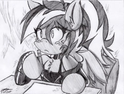 Size: 599x455 | Tagged: safe, artist:petanoprime, oc, oc only, oc:electric sketch, species:anthro, species:pegasus, species:pony, arm hooves, chest fluff, clothing, female, freckles, grayscale, monochrome, pegasus oc, pencil, signature, solo, traditional art, wide eyes, wings