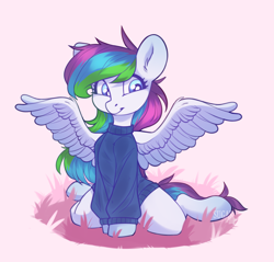 Size: 2192x2092 | Tagged: safe, artist:sugarstar, oc, oc only, oc:rain, species:pegasus, species:pony, clothing, female, grass, looking away, mare, simple background, sitting, smiling, solo, spread wings, sweater, wings