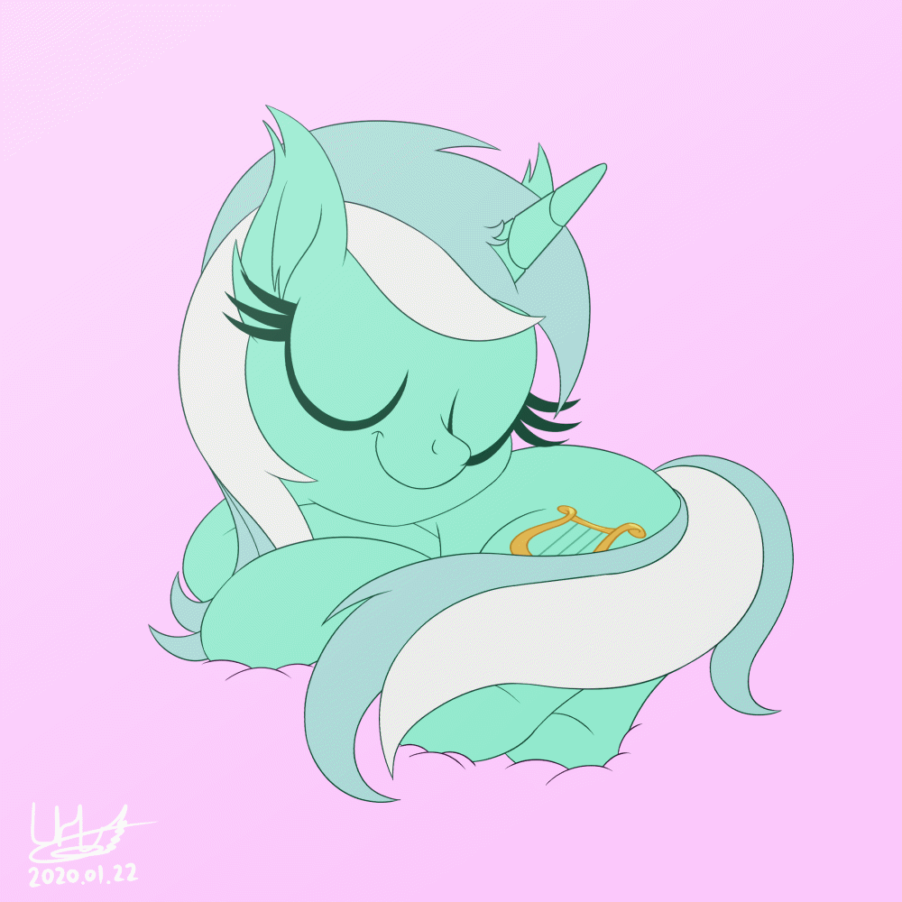 Size: 1000x1000 | Tagged: safe, artist:livehotsun, character:lyra heartstrings, species:pony, species:unicorn, animated, blinking, curled up, cute, ear fluff, female, lyrabetes, mare, pink background, prone, simple background, sleeping, smiling, solo