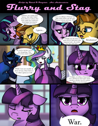 Size: 1200x1543 | Tagged: safe, artist:aschenstern, character:princess celestia, character:princess luna, character:starlight glimmer, character:sunburst, character:twilight sparkle, character:twilight sparkle (alicorn), species:alicorn, species:pony, species:unicorn, comic:flurry and stag, comic, crying, grimdark series, wrong eye color