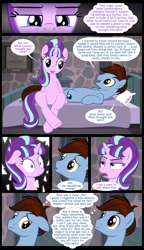 Size: 1122x1954 | Tagged: safe, artist:culu-bluebeaver, character:starlight glimmer, oc, oc:bluehooves, species:earth pony, species:pony, species:unicorn, comic:the newcomer, episode:the cutie map, g4, my little pony: friendship is magic, aftersex, angry, bed, bedroom, bedroom eyes, canon x oc, comic, dialogue, explicit series, female, floppy ears, glimmooves, lidded eyes, looking at each other, looking away, male, mare, pillow, s5 starlight, smiling, speech bubble, stallion, straight, thought bubble, upset