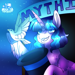 Size: 500x500 | Tagged: safe, artist:clay-bae, oc, oc only, oc:midnight muse, oc:mythic show, parent:double diamond, parent:party favor, parent:princess luna, parent:twilight sparkle, parents:lunadiamond, parents:twifavor, species:bird, species:pegasus, species:pony, species:unicorn, clothing, cloud, dove, hat, male, offspring, stallion, top hat