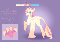 Size: 3500x2454 | Tagged: safe, artist:clay-bae, oc, oc:sweets, parent:fluttershy, parent:rarity, parents:flarity, species:pony, species:unicorn, female, magical lesbian spawn, mare, offspring, reference sheet, solo, unshorn fetlocks