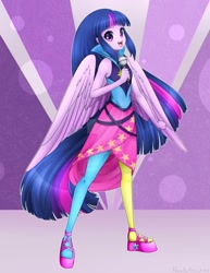Size: 1024x1326 | Tagged: safe, artist:noodlefreak88, character:twilight sparkle, character:twilight sparkle (alicorn), species:alicorn, species:pony, equestria girls:rainbow rocks, g4, my little pony: equestria girls, my little pony:equestria girls, clothing, cute, deviantart watermark, dress, female, leggings, looking at you, microphone, obtrusive watermark, open mouth, ponied up, rainbow rocks outfit, solo, starry eyes, twiabetes, watermark, wingding eyes