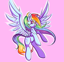 Size: 4153x4000 | Tagged: safe, artist:coco-drillo, character:rainbow dash, species:pegasus, species:pony, backwards cutie mark, cell shaded, colourful, determined, determined look, ear fluff, female, flying, freckles, messy mane, solo, standing, stylized