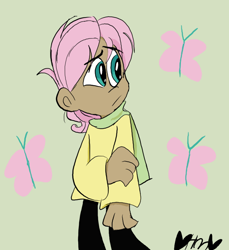Size: 732x800 | Tagged: safe, artist:mirabuncupcakes15, character:fluttershy, species:human, butterscotch, clothing, dark skin, green background, humanized, jeans, male, pants, rule 63, scarf, simple background, solo, sweater