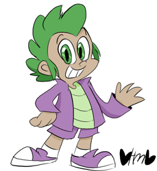 Size: 734x800 | Tagged: safe, artist:mirabuncupcakes15, character:spike, species:human, alternate hairstyle, clothing, converse, dark skin, humanized, jacket, male, shirt, shoes, shorts, simple background, socks, solo, t-shirt, white background