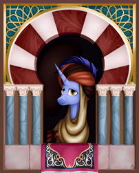 Size: 4645x5748 | Tagged: safe, artist:poecillia-gracilis19, character:hoo'far, species:pony, episode:on the road to friendship, season 8, spoiler:s08, arch, architecture, bust, carpet, geometric, male, portrait, saddle arabian, stallion