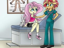 Size: 1024x768 | Tagged: safe, artist:lavenderrain24, character:angel bunny, character:fluttershy, character:sunset shimmer, species:rabbit, my little pony:equestria girls, animal, belly button, breasts, checkup, cleavage, clothing, deviantart watermark, examination, examining table, heartbeat, listening, midriff, nurse, nurse shimmer, obtrusive watermark, scrubs (gear), shoes, sneakers, stethoscope, tank top, watermark