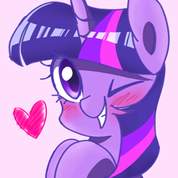 Size: 1080x1080 | Tagged: safe, artist:tastyrainbow, character:twilight sparkle, species:pony, blushing, bust, cute, female, happy, looking at you, mare, one eye closed, portrait, purple eyes, smiling, solo, twiabetes, wink