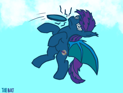Size: 2048x1536 | Tagged: safe, artist:cosmiceclipsed, oc, oc only, oc:stardust, oc:stardust(cosmiceclipse), species:bat pony, species:pony, bat pony oc, bat wings, cloud, cutie mark, dazed, ear fluff, flying, frisbee, in pain, membranous wings, simple background, sky, wings