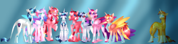Size: 10000x2500 | Tagged: safe, artist:clay-bae, character:princess cadance, character:princess flurry heart, character:shining armor, character:sunburst, oc, oc:pure heart, oc:rome rose, oc:royal grove, oc:silver shield, oc:valentine, parent:princess cadance, parent:shining armor, parent:sunburst, parents:shiningcadance, parents:sundence, species:alicorn, species:pegasus, species:pony, species:unicorn, absurd resolution, family, female, implied infidelity, male, mare, offspring, older, siblings, stallion