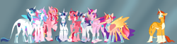 Size: 10000x2500 | Tagged: safe, alternate version, artist:clay-bae, character:princess cadance, character:princess flurry heart, character:shining armor, character:sunburst, oc, oc:pure heart, oc:rome rose, oc:royal grove, oc:silver shield, oc:valentine, parent:princess cadance, parent:shining armor, parent:sunburst, parents:shiningcadance, parents:sundence, species:alicorn, species:pegasus, species:pony, species:unicorn, absurd resolution, family, female, implied infidelity, male, mare, offspring, older, siblings, stallion