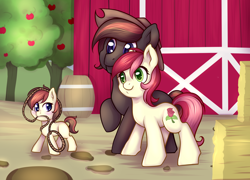 Size: 2048x1475 | Tagged: safe, artist:pingwinowa, character:roseluck, oc, oc:appleberry, oc:flavour, species:earth pony, species:pony, apple, apple tree, barn, canon x oc, clothing, family, female, filly, hat, hay bale, lasso, male, offspring, rope, shipping, tree