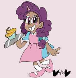 Size: 784x800 | Tagged: safe, artist:mirabuncupcakes15, character:sugar belle, species:human, apron, blushing, clothing, cupcake, dark skin, dress, female, food, grin, horn, horned humanization, humanized, mary janes, pink background, simple background, smiling, socks, solo, tray
