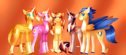 Size: 5713x2500 | Tagged: safe, artist:clay-bae, character:flash sentry, character:luster dawn, character:sunburst, oc, oc:daybreak, oc:sunny rays, parent:flash sentry, parent:sunburst, parents:flashburst, species:pegasus, species:pony, species:unicorn, ship:flashburst, alternate design, female, gay, high res, magical gay spawn, male, mare, offspring, shipping, stallion