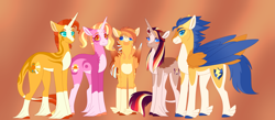 Size: 5713x2500 | Tagged: safe, alternate version, artist:clay-bae, character:flash sentry, character:luster dawn, character:sunburst, oc, oc:daybreak, oc:sunny rays, parent:flash sentry, parent:sunburst, parents:flashburst, species:pegasus, species:pony, species:unicorn, ship:flashburst, alternate design, female, gay, high res, magical gay spawn, male, mare, offspring, shipping, stallion