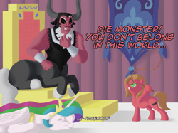 Size: 1067x800 | Tagged: safe, artist:crispokefan, character:lord tirek, character:princess celestia, oc, oc:pun, species:alicorn, species:earth pony, species:pony, ask pun, ask, castlevania, castlevania: symphony of the night, confused, facehoof, female, hoof hold, male, mare, reference, richter belmont, whip
