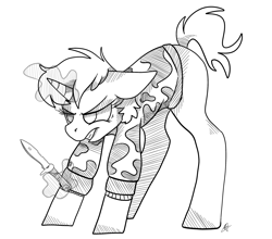 Size: 2500x2200 | Tagged: safe, artist:katyusha, oc, oc:dossier, species:pony, species:unicorn, fanfic:shadow of equestria, angry, ass up, colorless, commission, commission example, female, fighting stance, knife, lineart, snarling