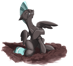 Size: 1710x1543 | Tagged: safe, artist:rocket-lawnchair, character:thunderlane, species:pegasus, species:pony, broken leg, crash landing, dirt, injured, male, ouch, pain, solo, stallion
